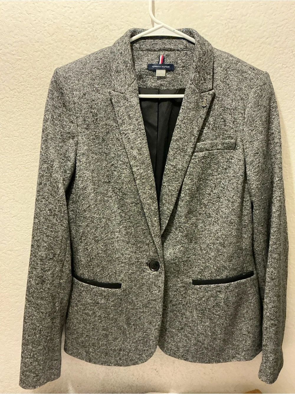 Tommy Hilfiger Gray Tweed Single-Button Blazer with elbow patches size 10